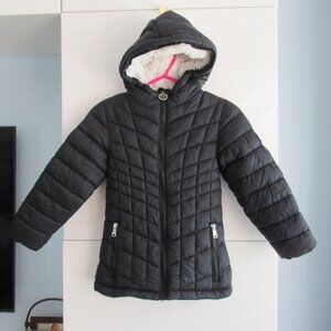 DKNY Girls Size 4 Puffer Hooded Anorak Coat lined w/ Faux Fur Black Color